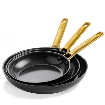 patelnie ceramiczne GreenPan CC005367-001, zestaw patelni ze złotymi uchwytami, limitowana kolekcja, czarne patelnie, powłoka Thermolon