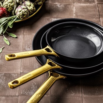 patelnie ceramiczne GreenPan CC005367-001, zestaw patelni ze złotymi uchwytami, limitowana kolekcja, czarne patelnie, powłoka Thermolon, komplet patelni ceramicznych